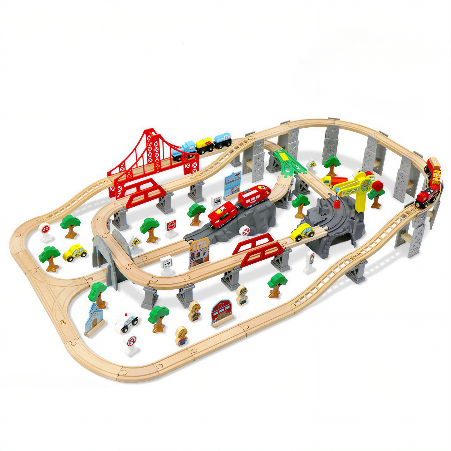 Magic Bahn Abenteuerstadt Megaset – 110-teilige Holzeisenbahn mit Hängebrücke und Tunnel