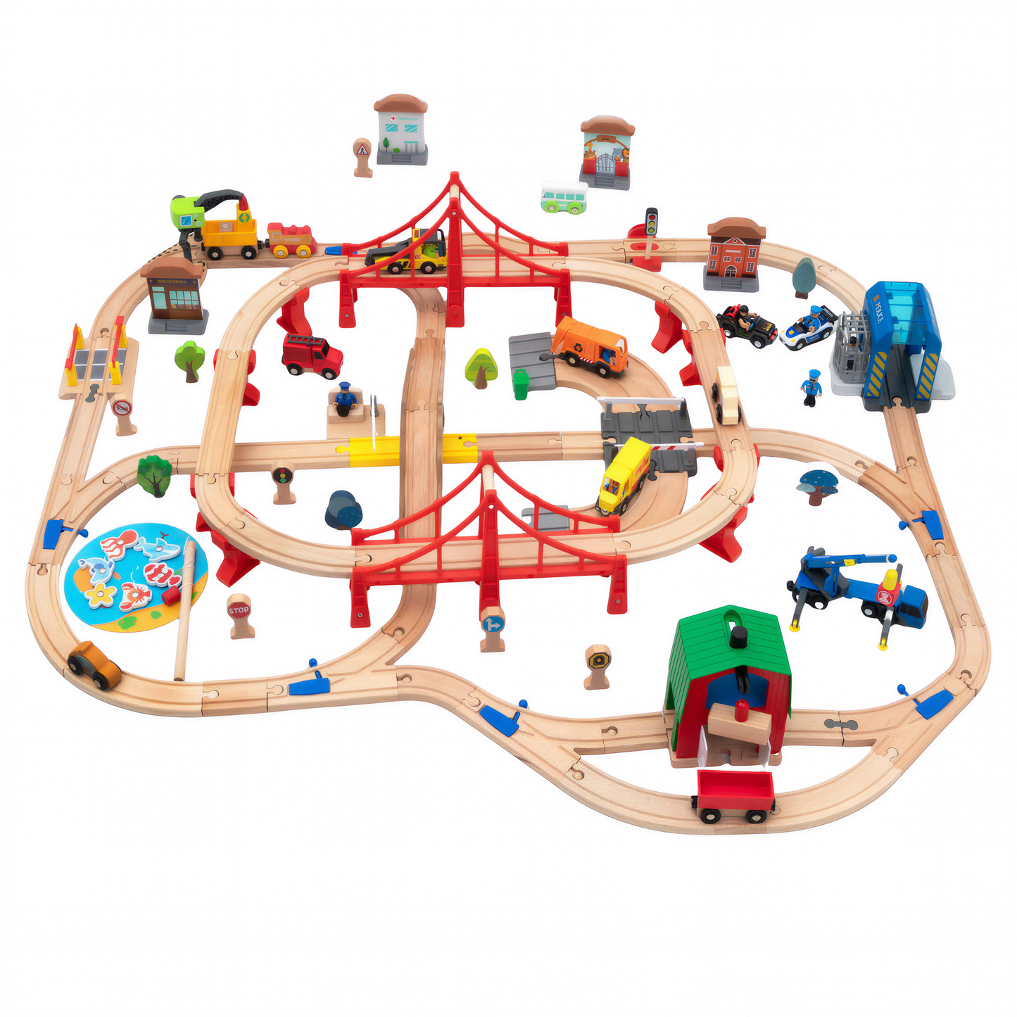 Magic Bahn Stadtwelt Hängebrücken Großset Holzeisenbahn mit über 110 Teilen