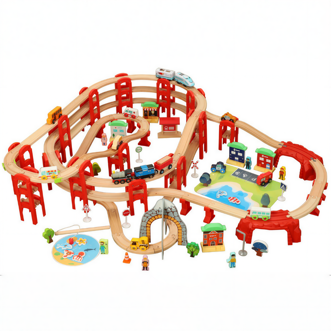 Magic Bahn Höhenwelt Spiralstadt Großset – mehrstöckige Holzeisenbahn mit Brücken und Tunnel