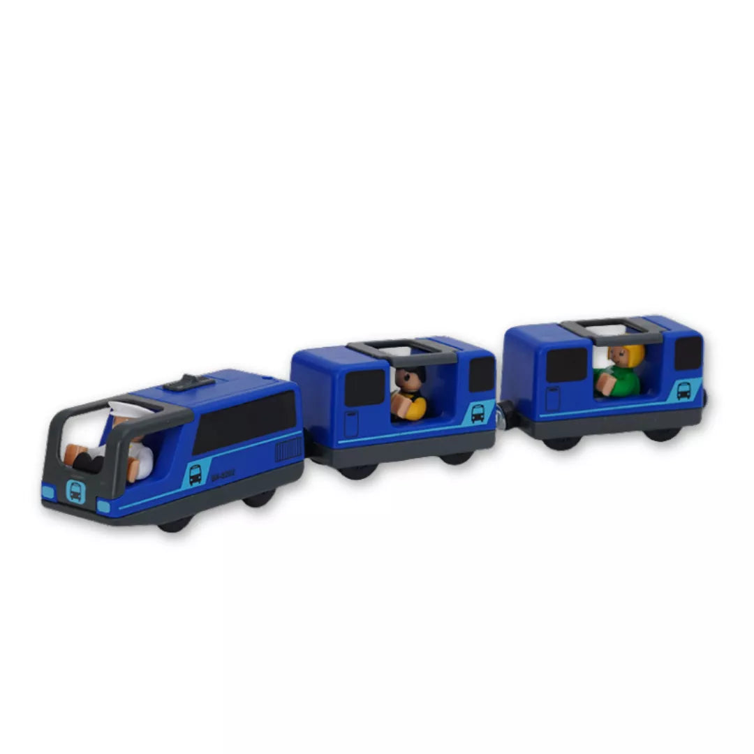 Magic Bahn Blauer elektrischer Tram mit Figuren für Holzeisenbahn – 3-teiliges Set
