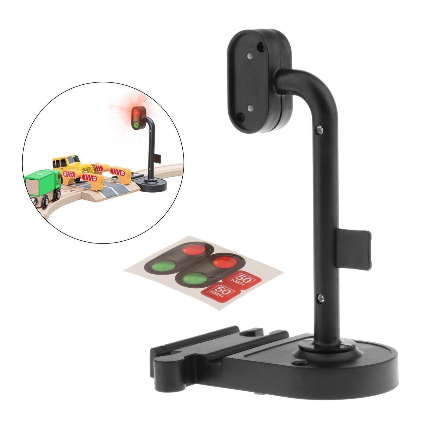 Spielzeug-Ampel Detailansicht montiert auf Holzschiene