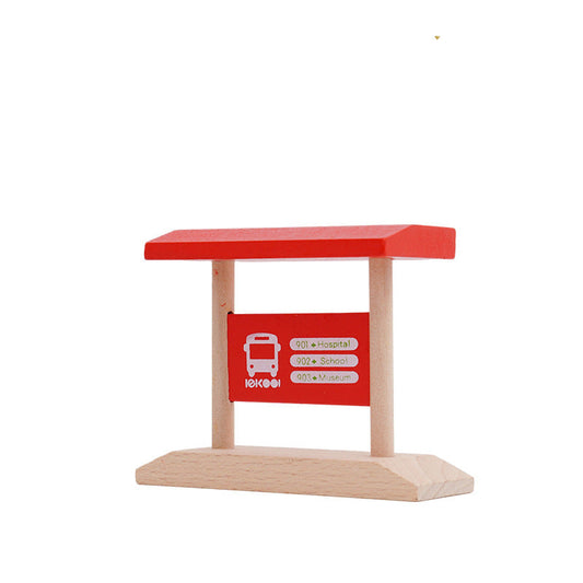 Holz-Bushaltestelle für Holzeisenbahn mit Fahrplan-Schild. Kompatibel mit BRIO, IKEA & Thomas. Perfekt für kreatives Spielen.
