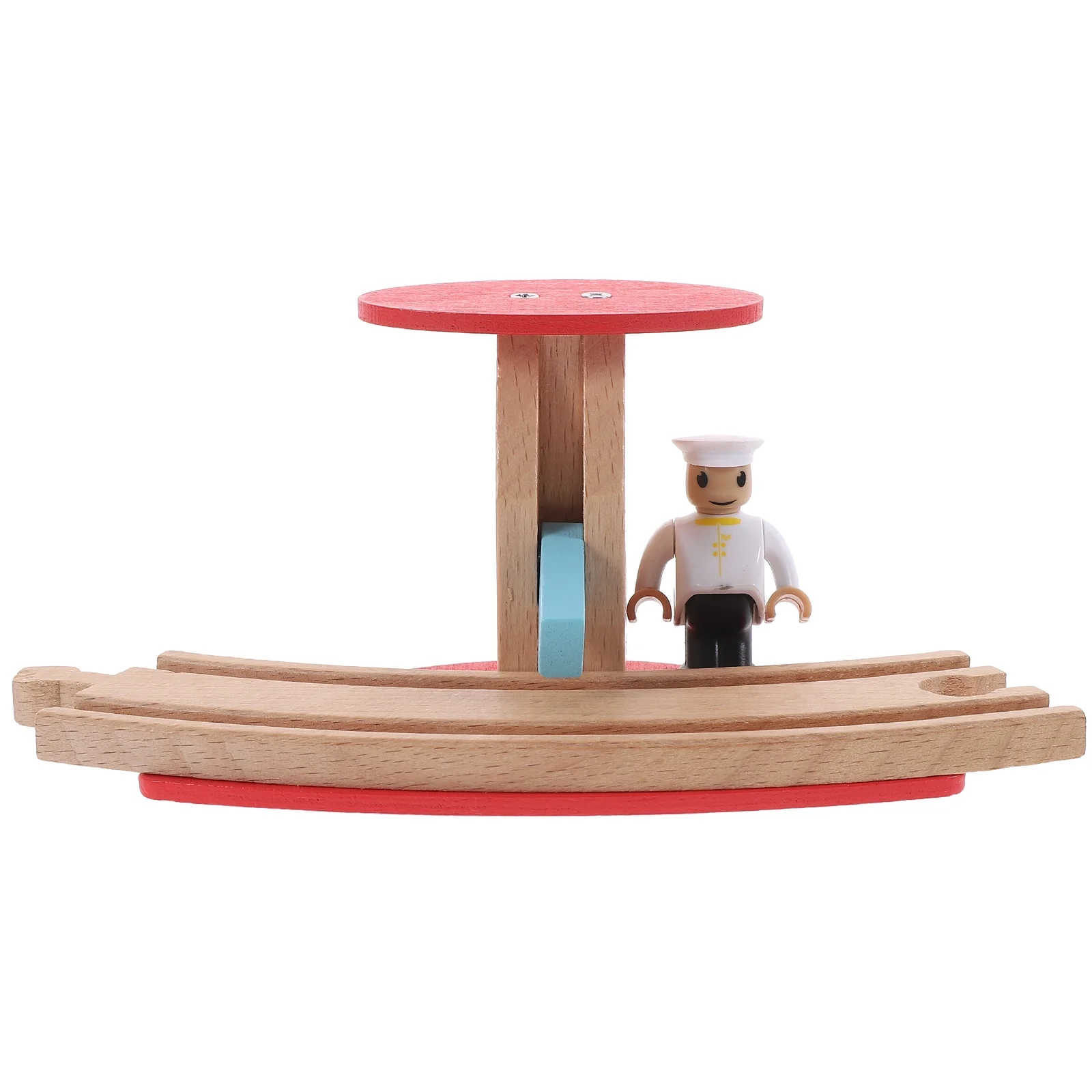 Holzeisenbahn Schranke mit Figur auf gebogener Schiene – beweglicher Hebel aus Holz