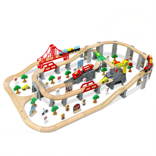 Magic Bahn Abenteuerstadt Megaset – 110-teilige Holzeisenbahn mit Hängebrücke und Tunnel