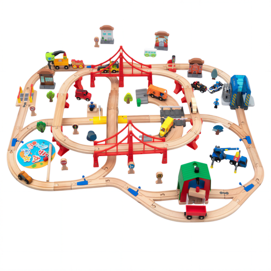 Magic Bahn Stadtwelt Hängebrücken Großset Holzeisenbahn mit über 110 Teilen