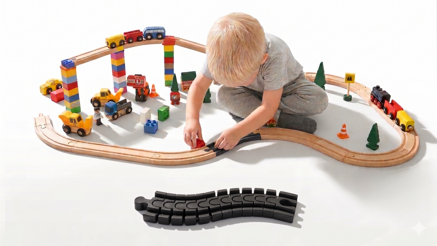 Flexible Holzeisenbahn Schiene überbrückt Teppichkante – stufenlos einstellbar