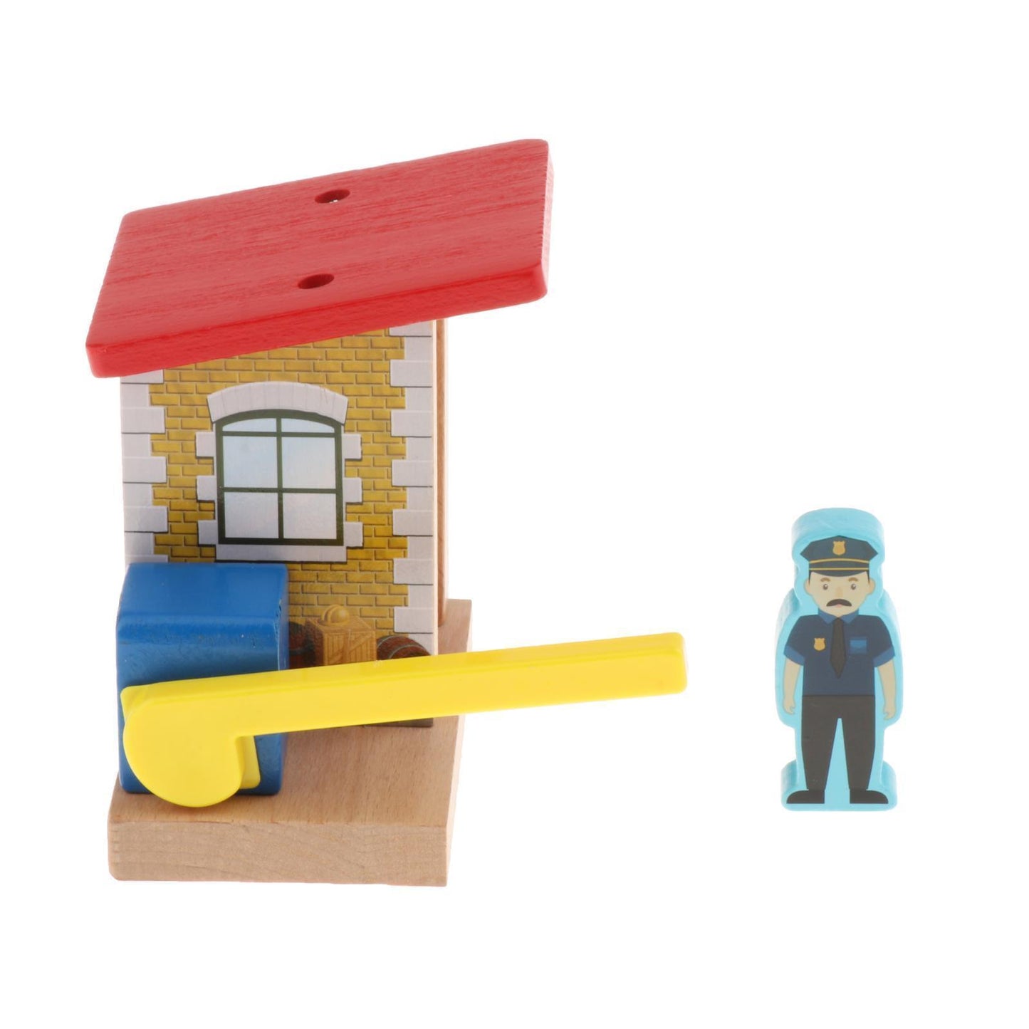 Holzeisenbahn Polizei Station mit gelber Schranke und Polizist Spielfigur