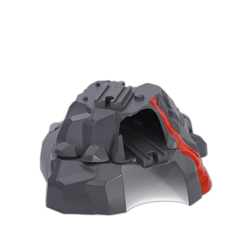 Dunkelgrauer doppelstöckiger Vulkanberg mit roten Lava-Details für Holzeisenbahnen