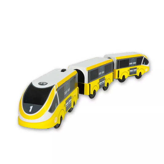 Gelber  U-Bahn Holz-Spielzeugzug für Holzeisenbahn-Schienen von Magic Bahn