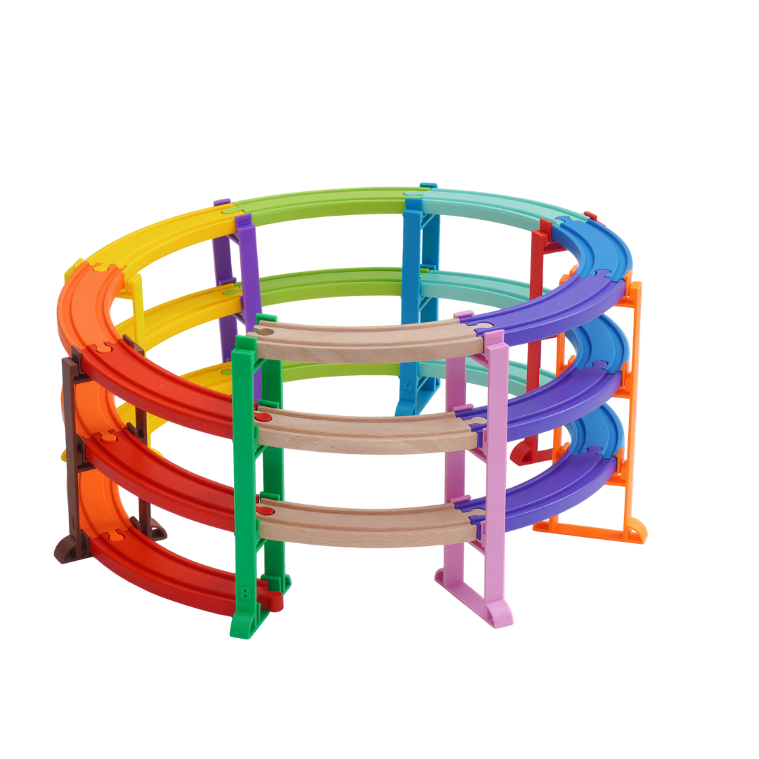 Magic Bahn Höhenwelt Regenbogen Kreiselbrücke – Spiralviadukt in Regenbogenfarben für Holzeisenbahn