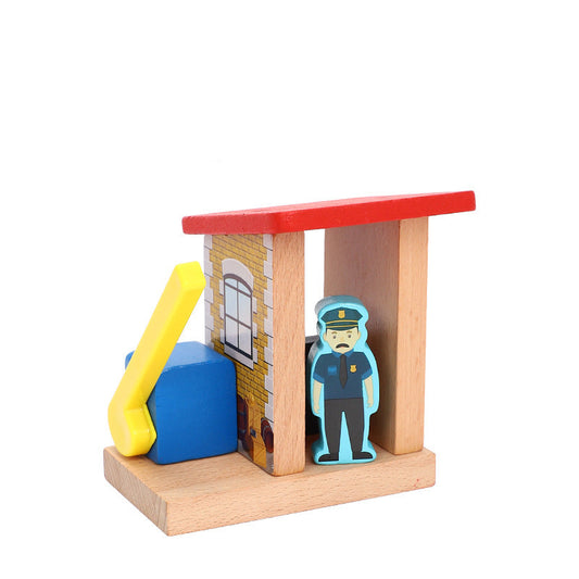 Polizei Kontrollpunkt aus Holz mit beweglicher Schranke und Figur für Holzeisenbahn