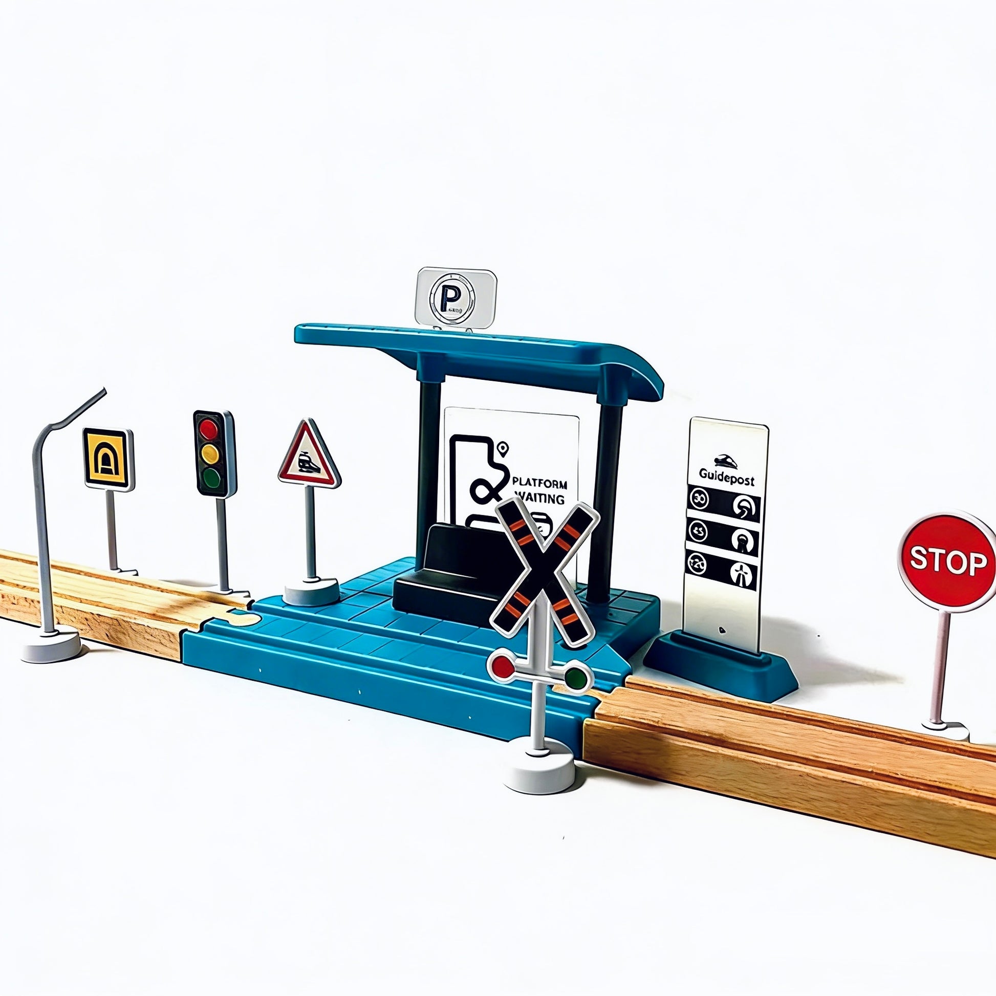 Spielzeug Bahnhof mit Licht Sound Ampel und Bahnübergang für Holzeisenbahn kompatibel mit BRIO