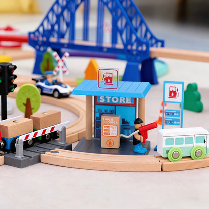 Spielzeug Tankstelle mit Preisschild und Zapfsäule kompatibel mit BRIO und IKEA