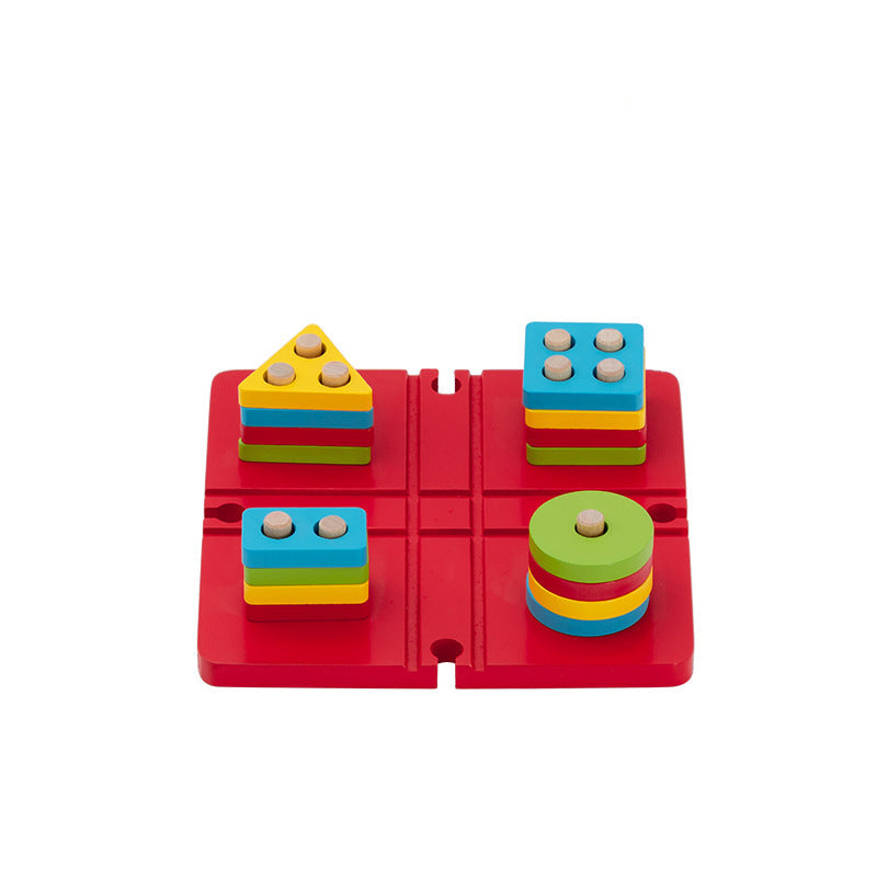 Holzeisenbahn Kreuzung mit Stapelspiel und bunten Formen zum Sortieren