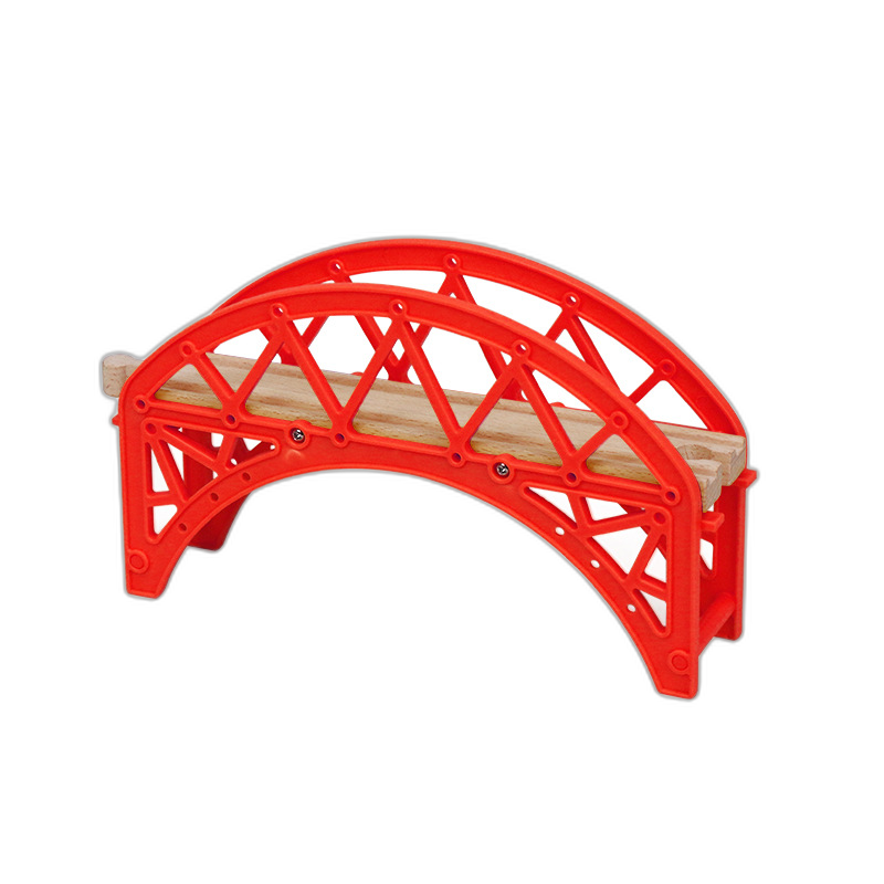 Bogenbrücke mit Fachwerk-Design für Holzeisenbahnen, erhältlich in Rot und Gelb