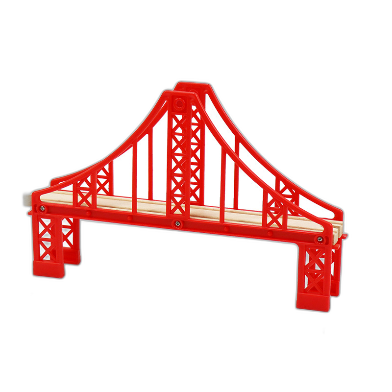 Große rote Hängebrücke mit Pylonen und Tragseilen für Holzeisenbahnen, 29,5 cm