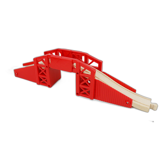 Rote Auffahrbrücke mit Fachwerk-Geländer und Rampen für Holzeisenbahnen, 45,5 cm